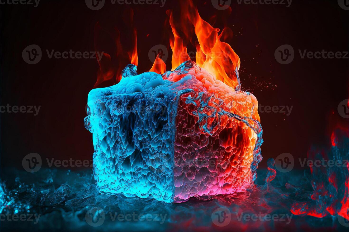 The piece of ice burns with fire and melts. illustration. photo