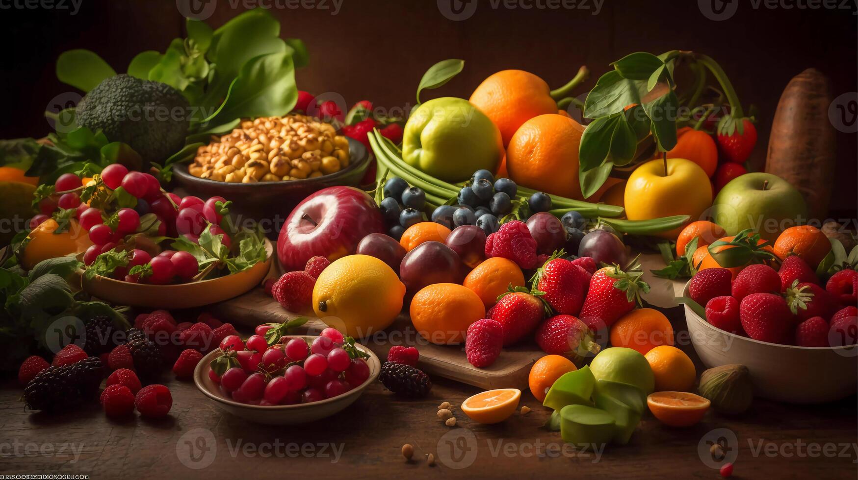 energizante aptitud banquete vistoso surtido de fruta, verduras, hierbas, y especias artísticamente arreglado generativo ai foto