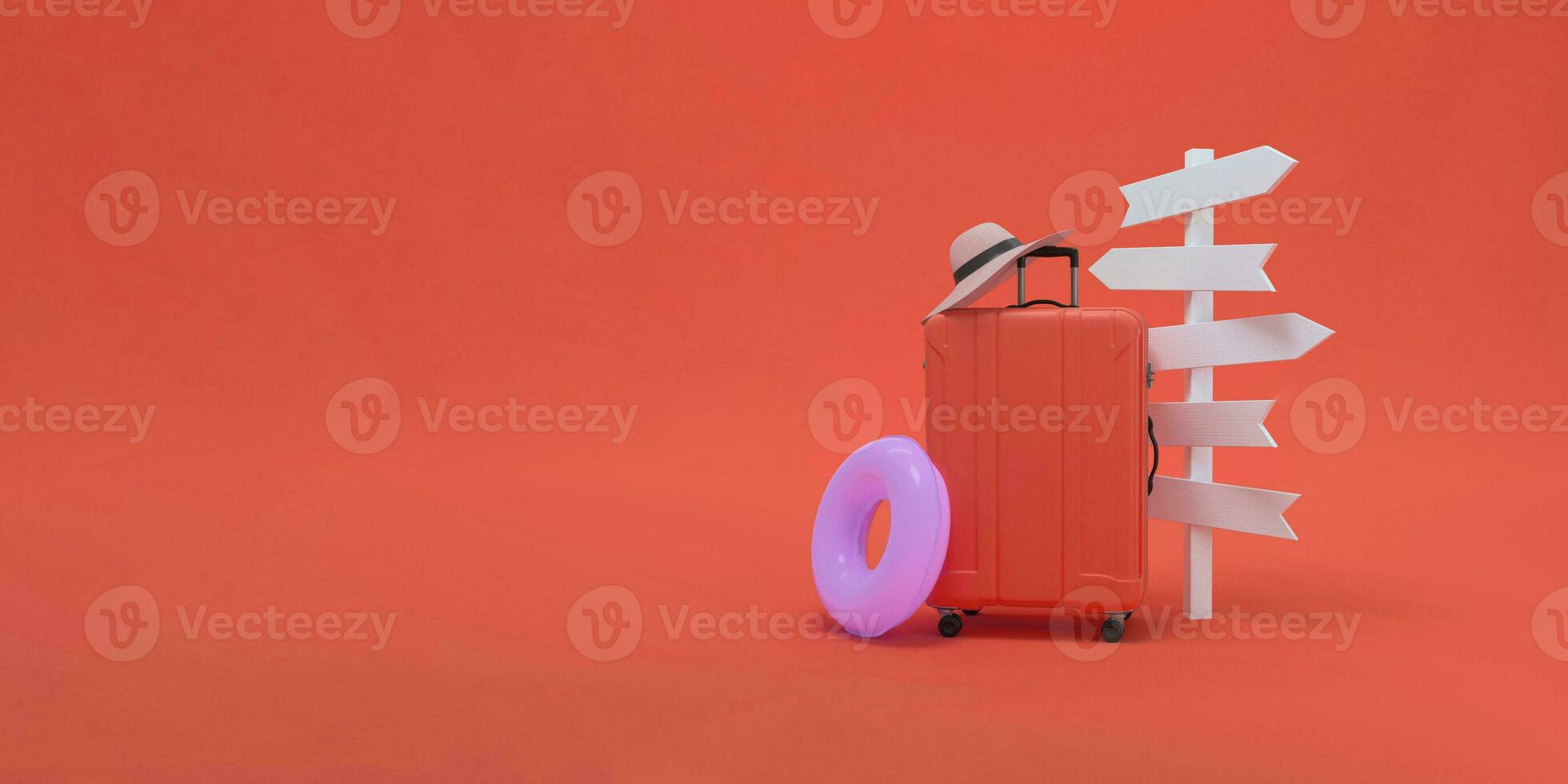 Panoramic minimal red background with Arrow guidepost, suitcase, hat and float. photo