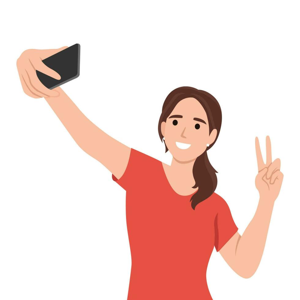 joven hermosa mujer tomando foto con móvil teléfono plano dibujos animados ilustración. niña en de moda atuendo hacer Salfie bandera diseño. vector