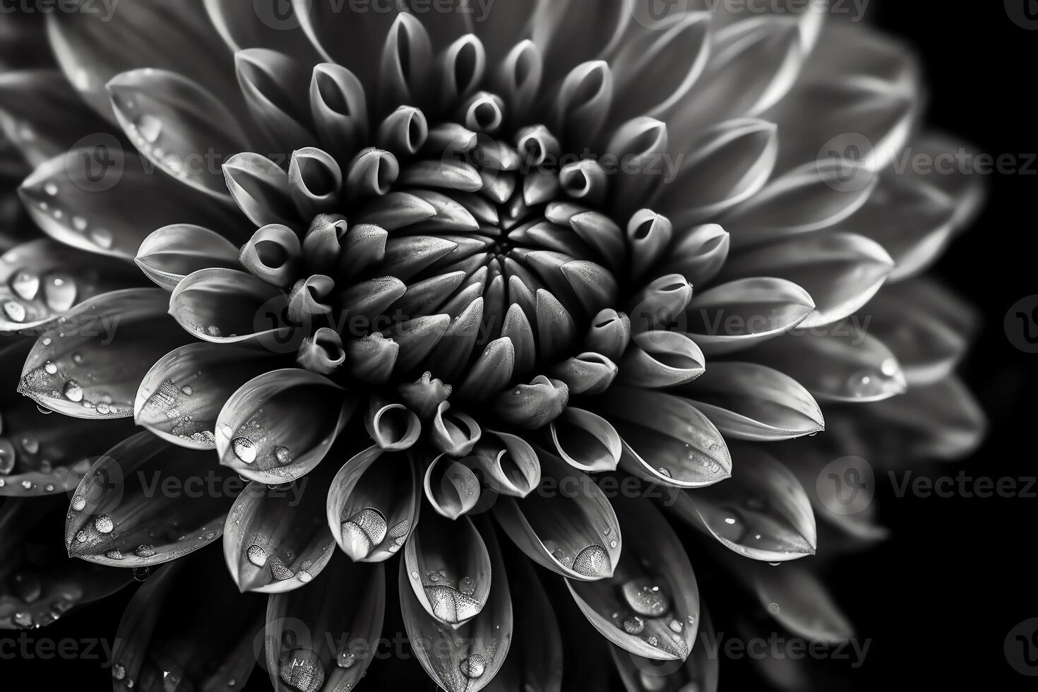 Details of dahlia flower macro photography black and white photo emphasizing texture high contrast and intricate floral patterns floral head in the center of the frame.