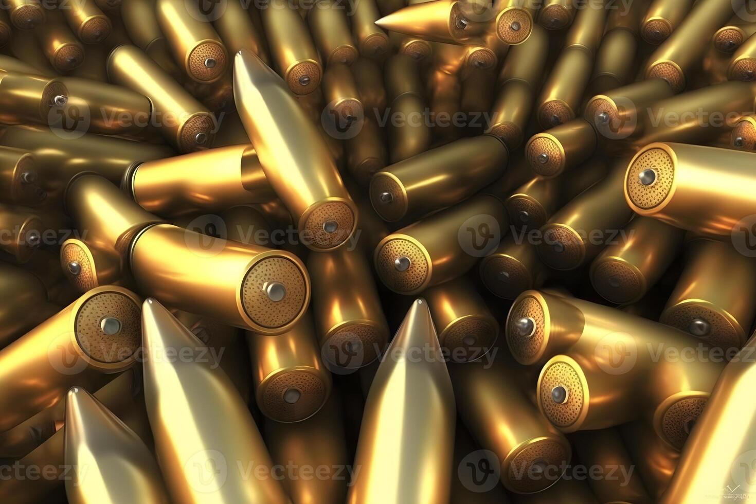 A pile of ammunition for weapons. Cartridges for machine guns and carbines. Background from new shiny cartridges. Neural network photo