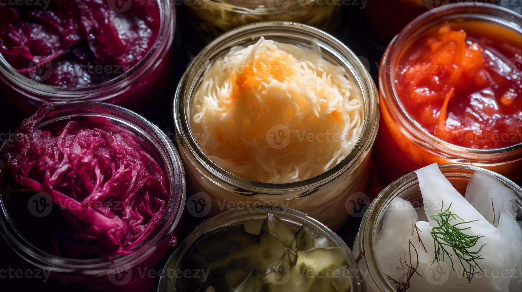 Cultured Cuisine Close-Up, assorted probiotic-rich fermented foods, including sauerkraut, kimchi, and kefir photo