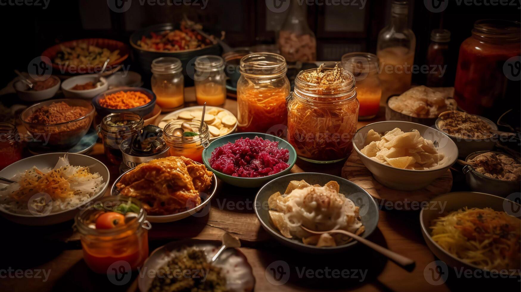 Gut-Healthy Fermentation Feast lavish spread of probiotic-rich fermented foods, including sauerkraut, kimchi, and kefir photo