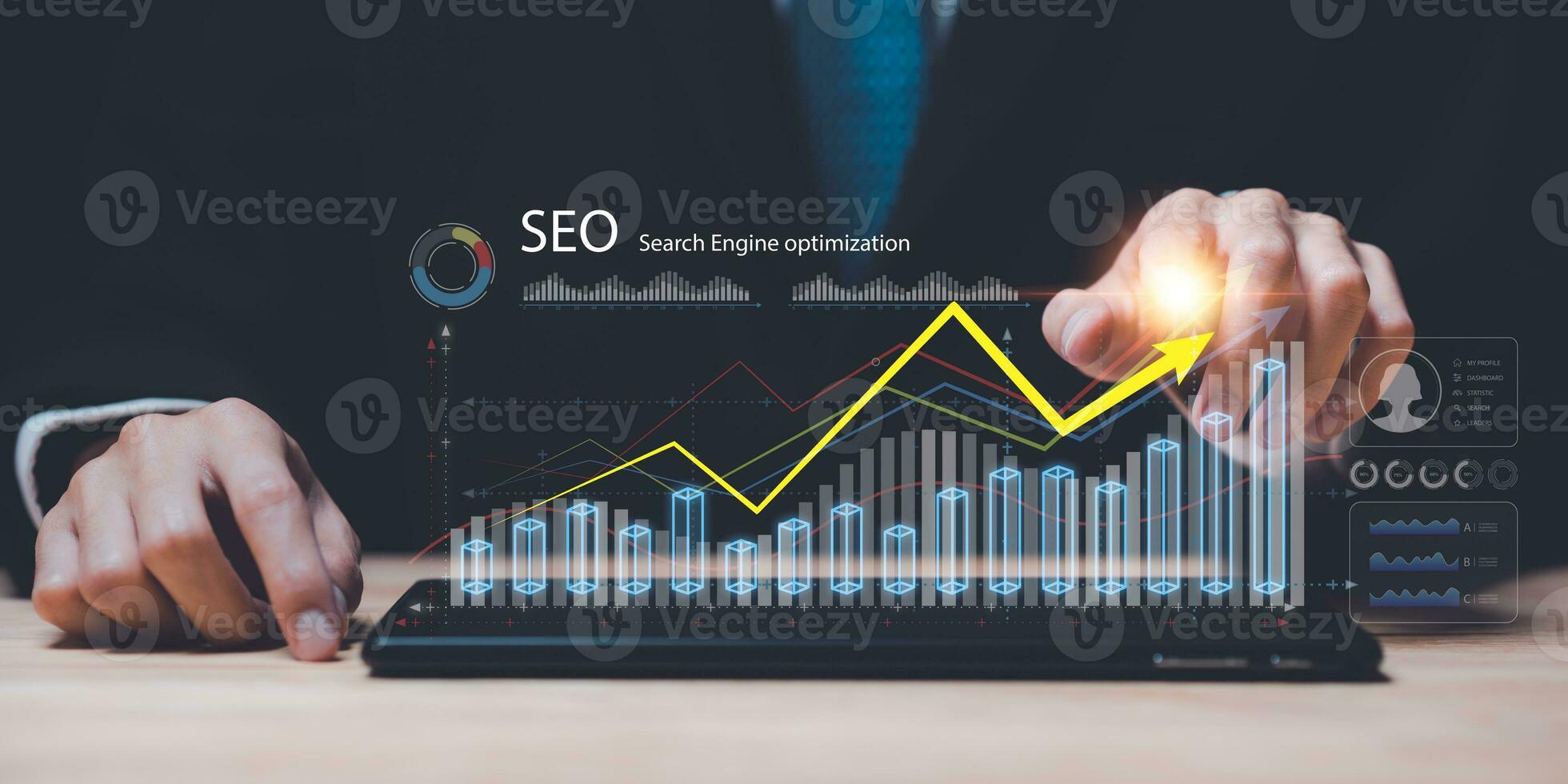 Marketer showing SEO concept,optimization analysis tools, search engine rankings, social media sites based on results analysis data,Website Search Optimization ,Interesting web rankings from visitors photo