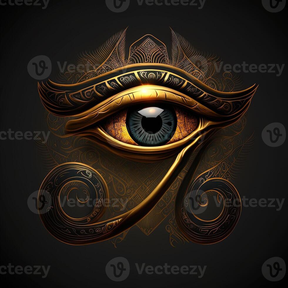 generativo ai el dorado ojo de horus con dorado efecto en negro fondo, representación de el solar ojo o el ojo de real academia de bellas artes, símbolo de el antiguo egipcio Dios de el Dom foto