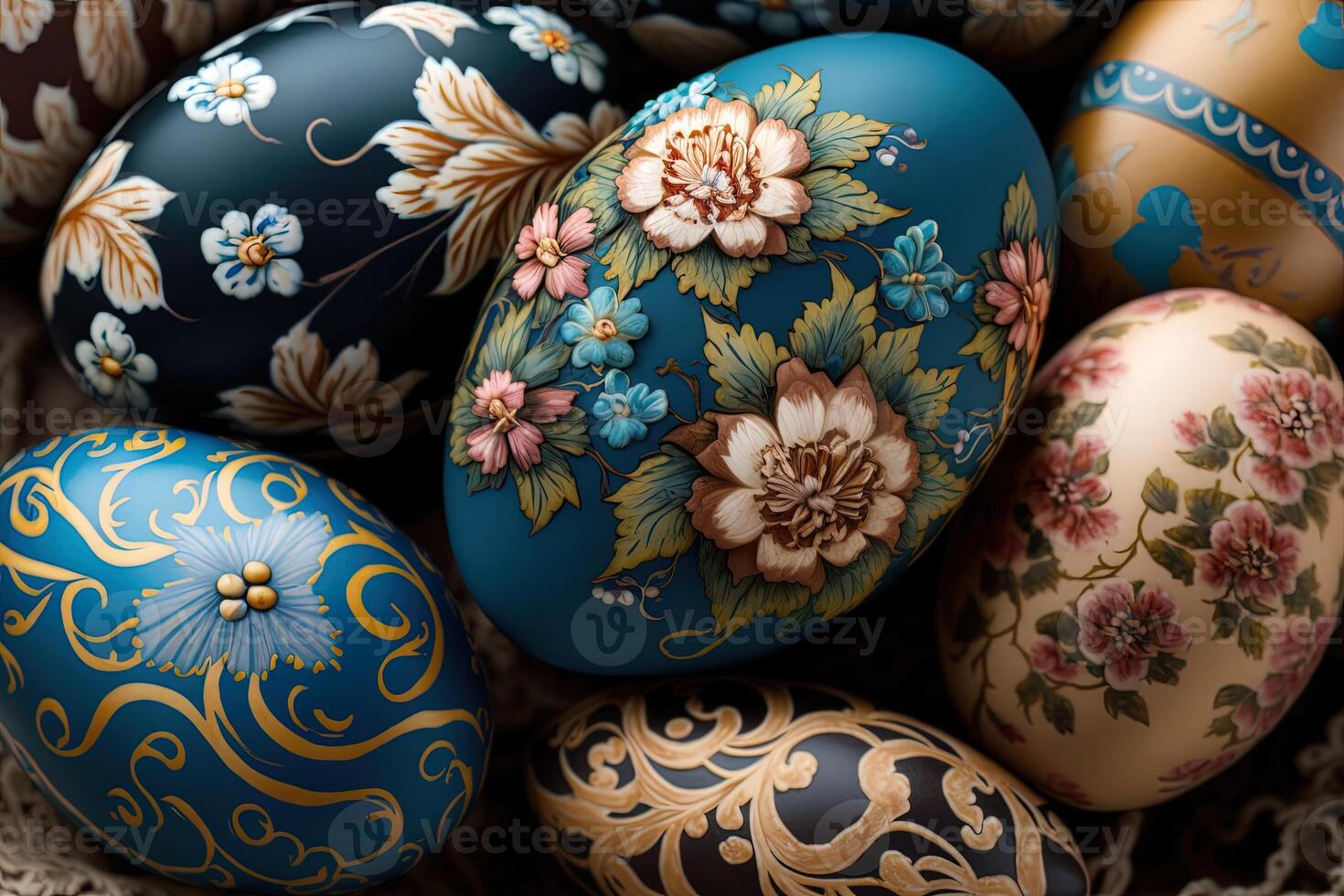 Close-up of painted eggs with floral patterns, easter eggs for easter celebration, . Spring concept Easter eggs iridescent color, lustrous and pearly. photo