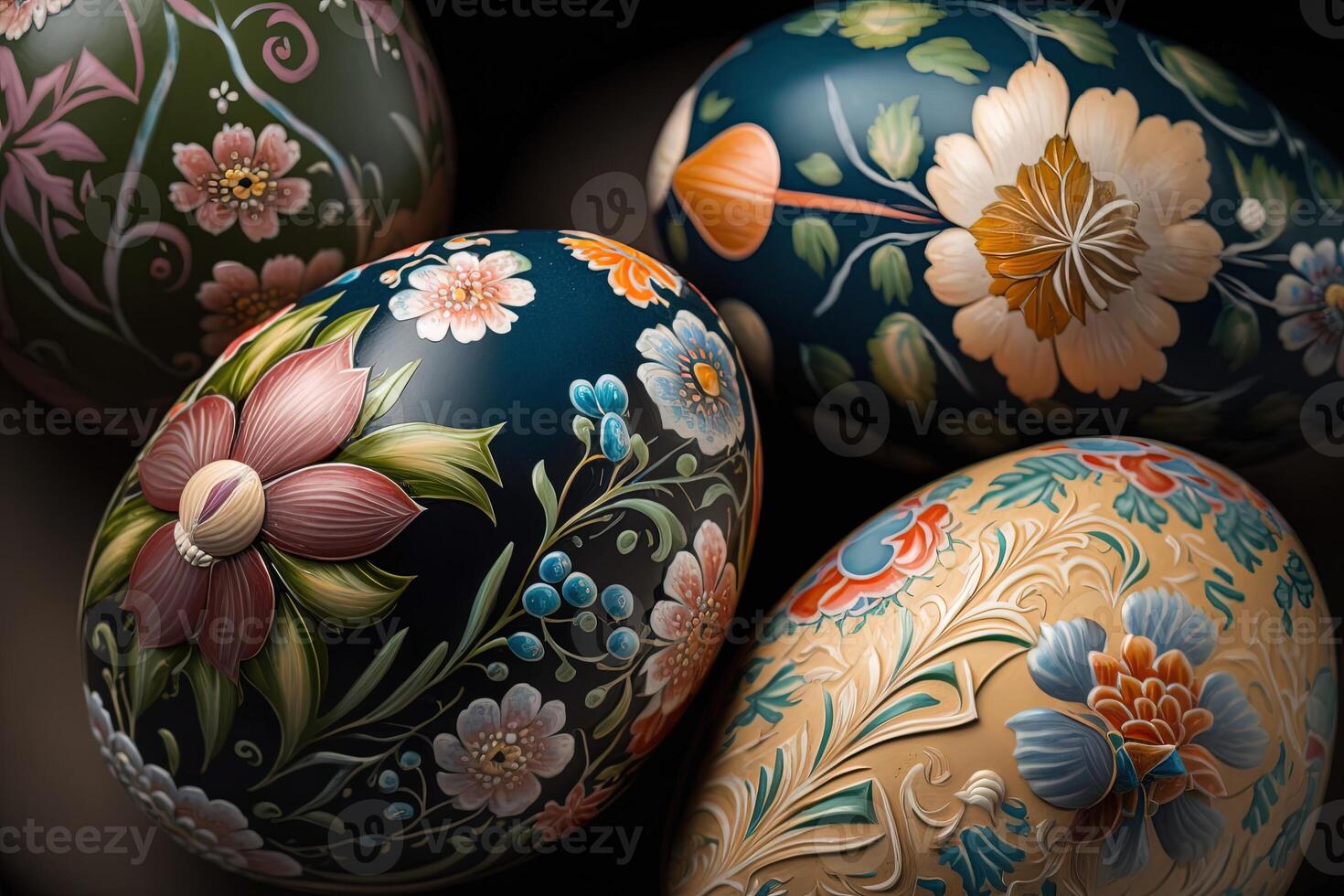 Close-up of painted eggs with floral patterns, easter eggs for easter celebration, . Spring concept Easter eggs iridescent color, lustrous and pearly. photo