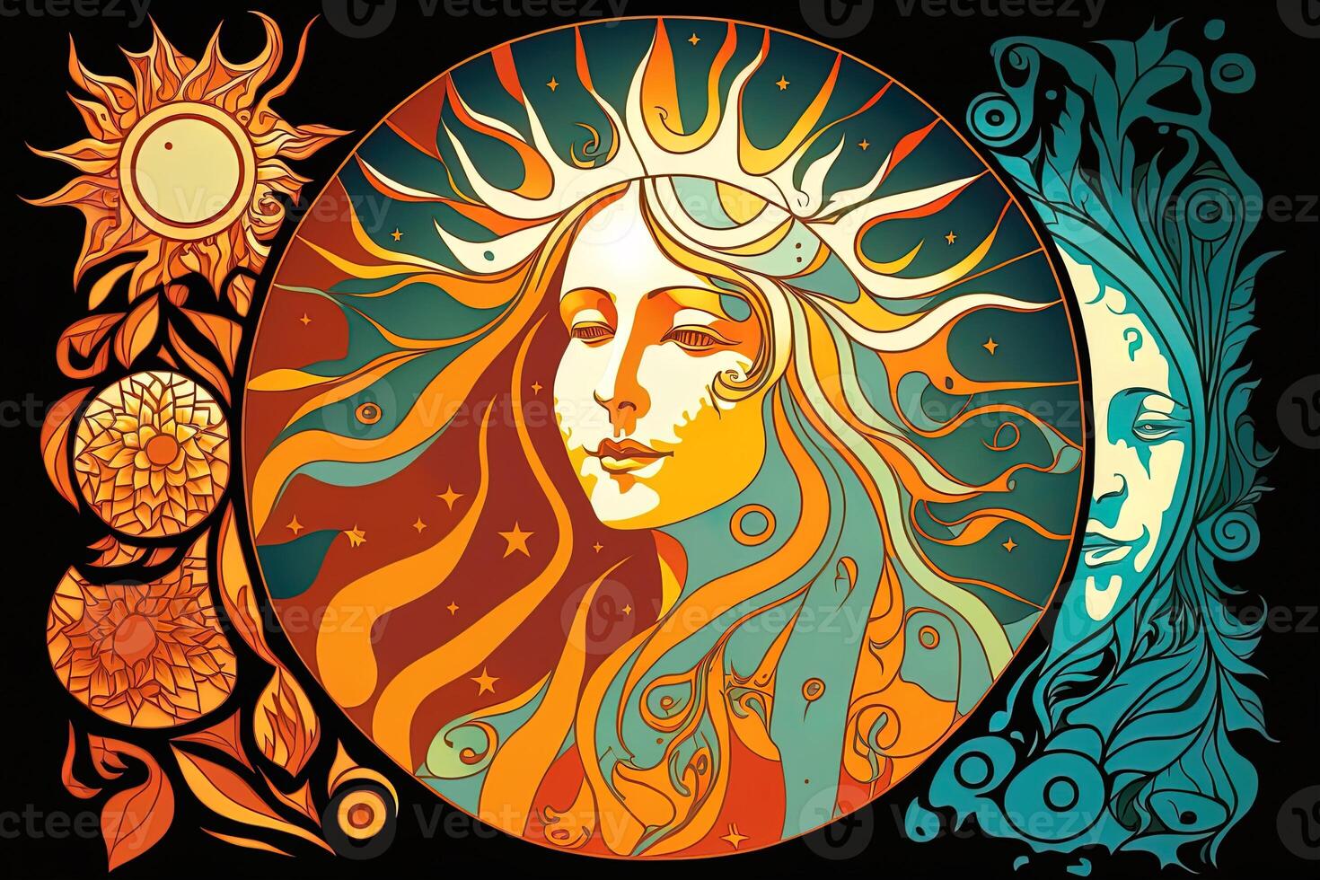 Happy abstract astral shape, moon and sun, art nouveau, expressionism. Mucha and tarot card inspired, strong color. photo