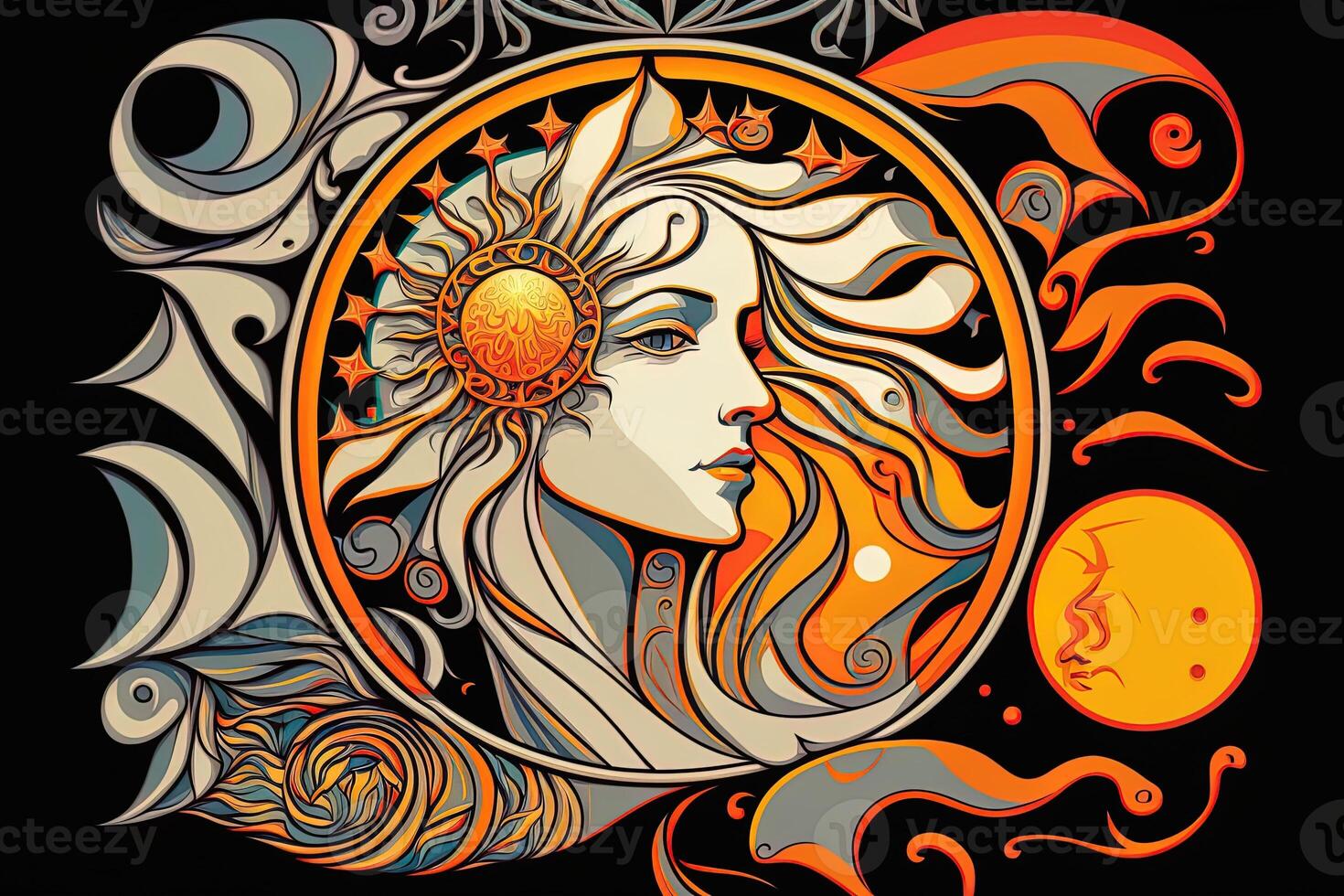 Happy abstract astral shape, moon and sun, art nouveau, expressionism. Mucha and tarot card inspired, strong color. photo