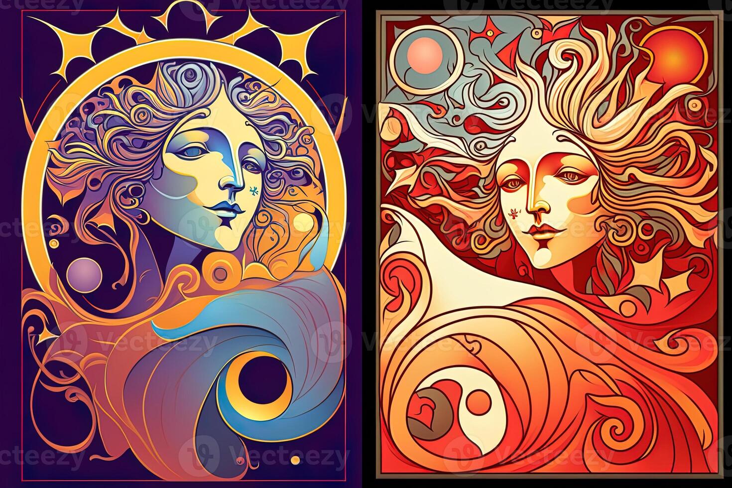 Happy abstract astral shape, moon and sun, art nouveau, expressionism. Mucha and tarot card inspired, strong color. photo