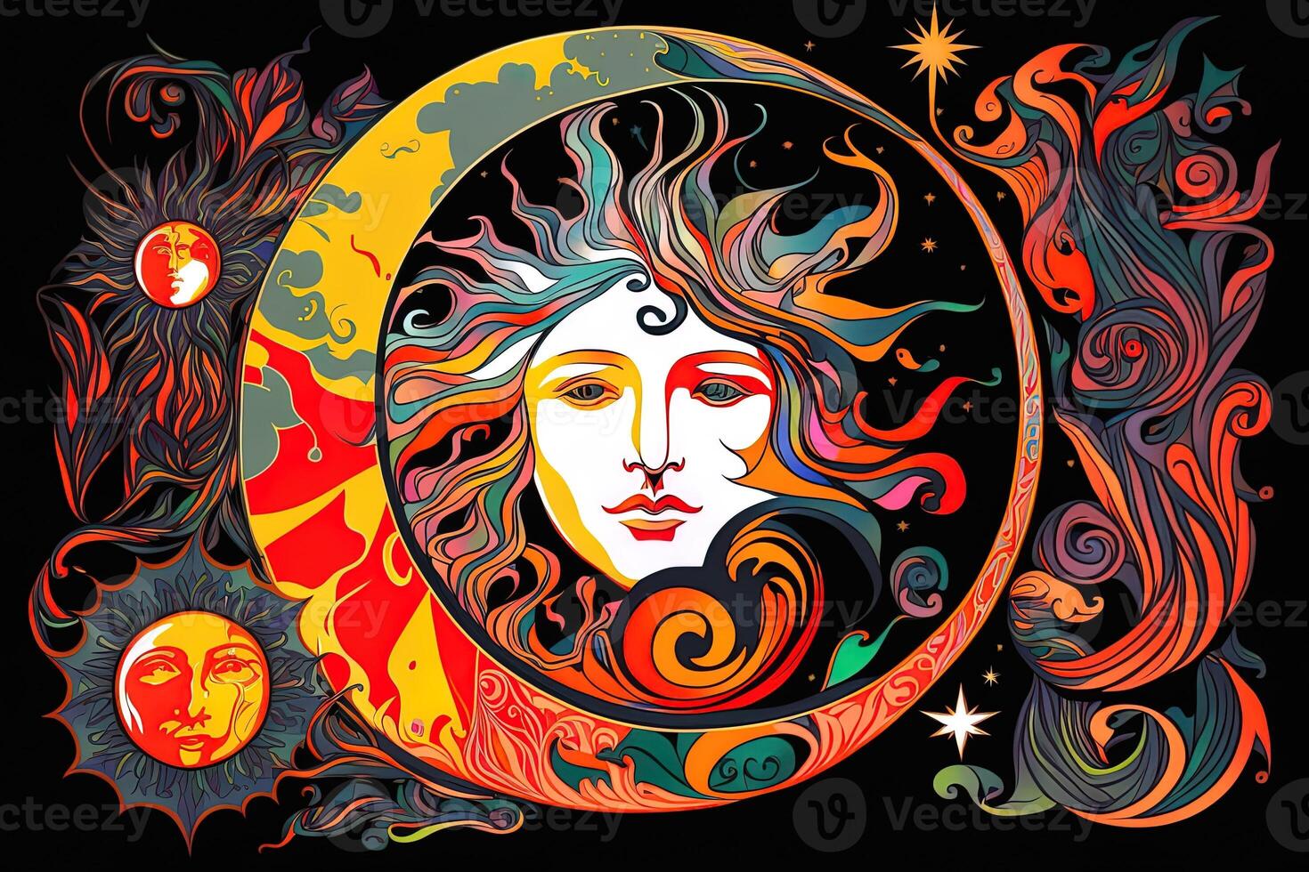 Happy abstract astral shape, moon and sun, art nouveau, expressionism. Mucha and tarot card inspired, strong color. photo