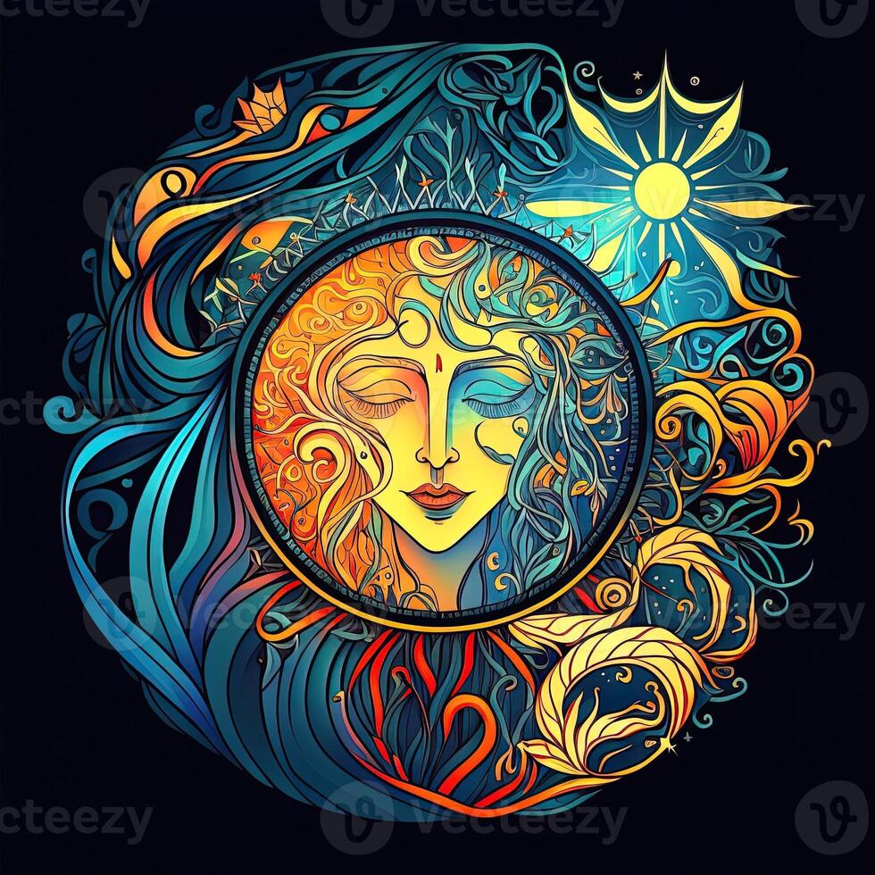 Happy abstract astral shape, moon and sun, art nouveau, expressionism. Mucha and tarot card inspired, strong color. photo