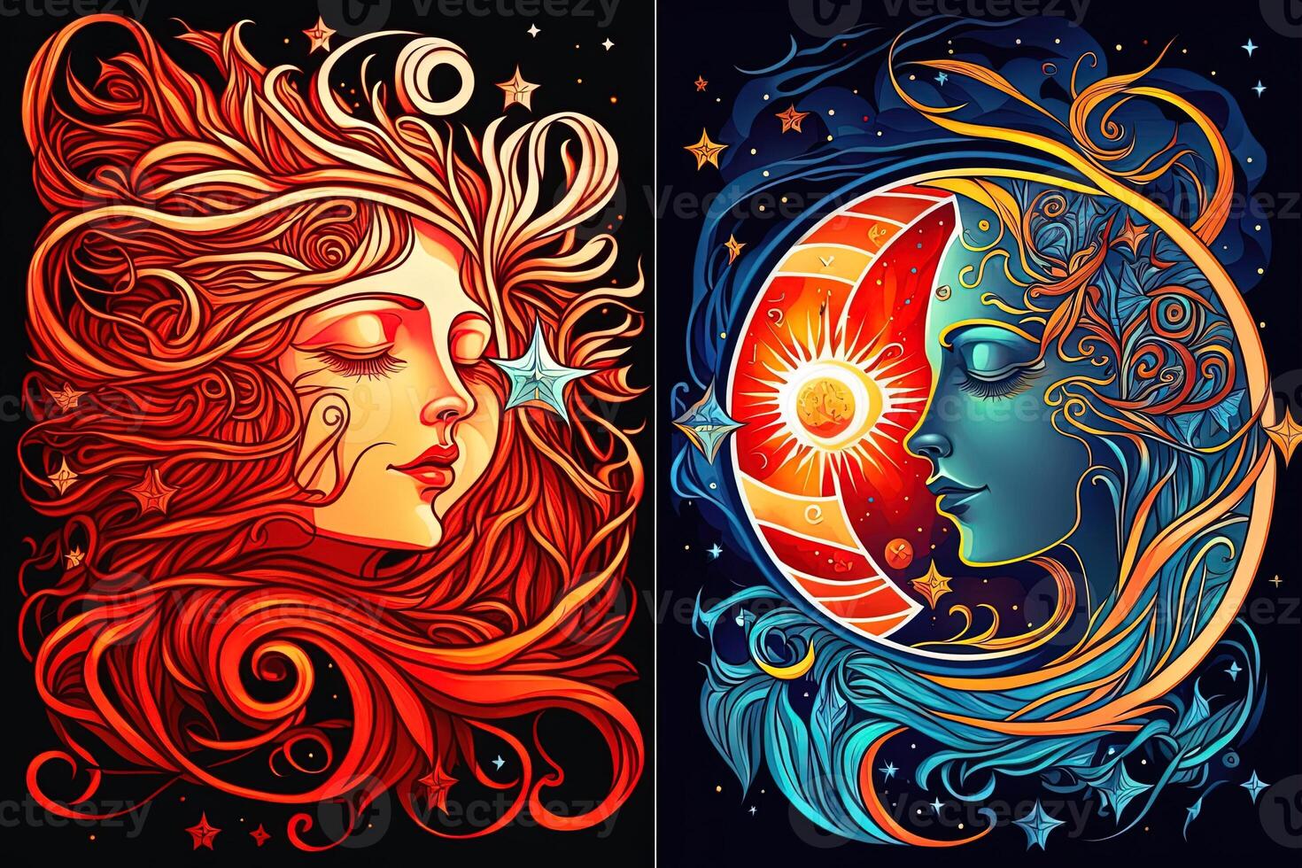 Happy abstract astral shape, moon and sun, art nouveau, expressionism. Mucha and tarot card inspired, strong color. photo