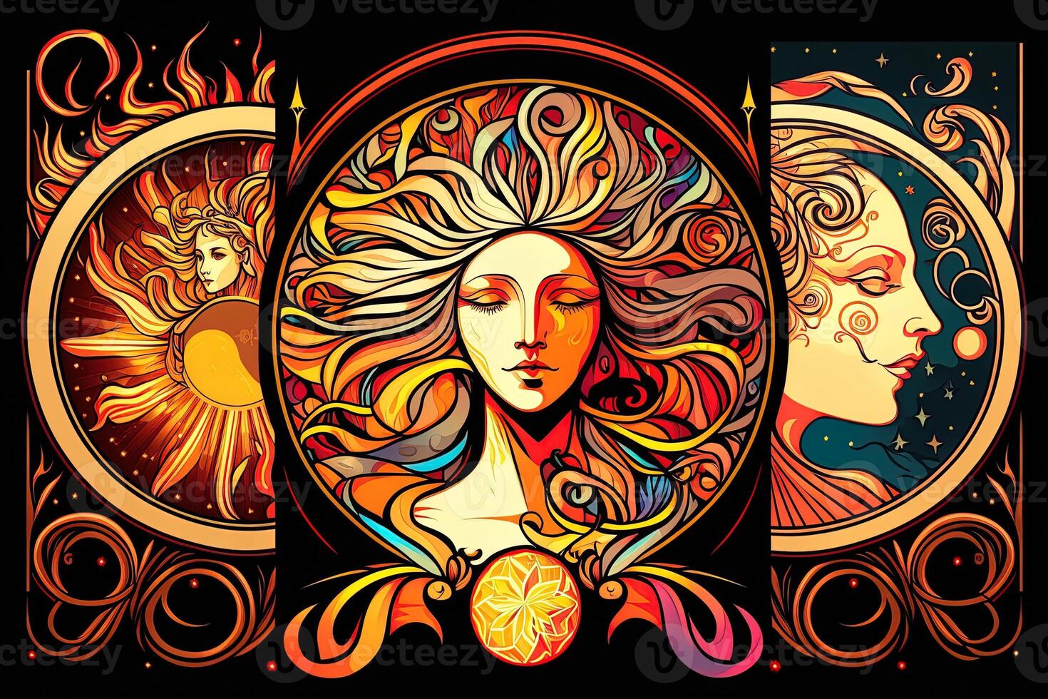 Happy abstract astral shape, moon and sun, art nouveau, expressionism. Mucha and tarot card inspired, strong color. photo