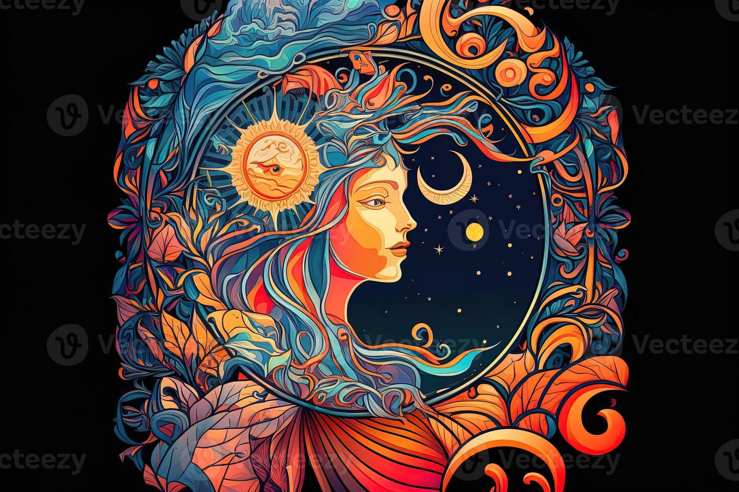 Happy abstract astral shape, moon and sun, art nouveau, expressionism. Mucha and tarot card inspired, strong color. photo
