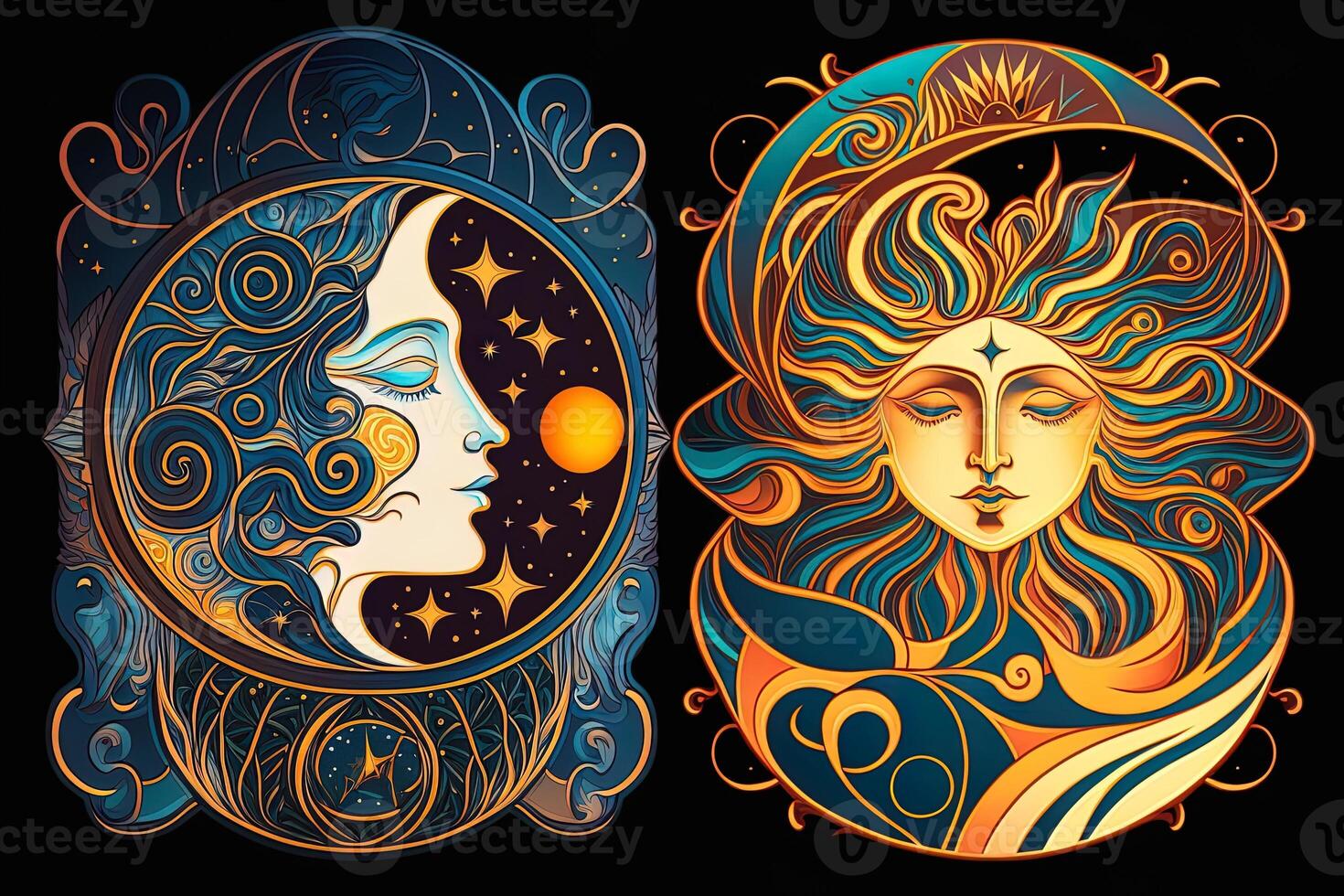 Happy abstract astral shape, moon and sun, art nouveau, expressionism. Mucha and tarot card inspired, strong color. photo