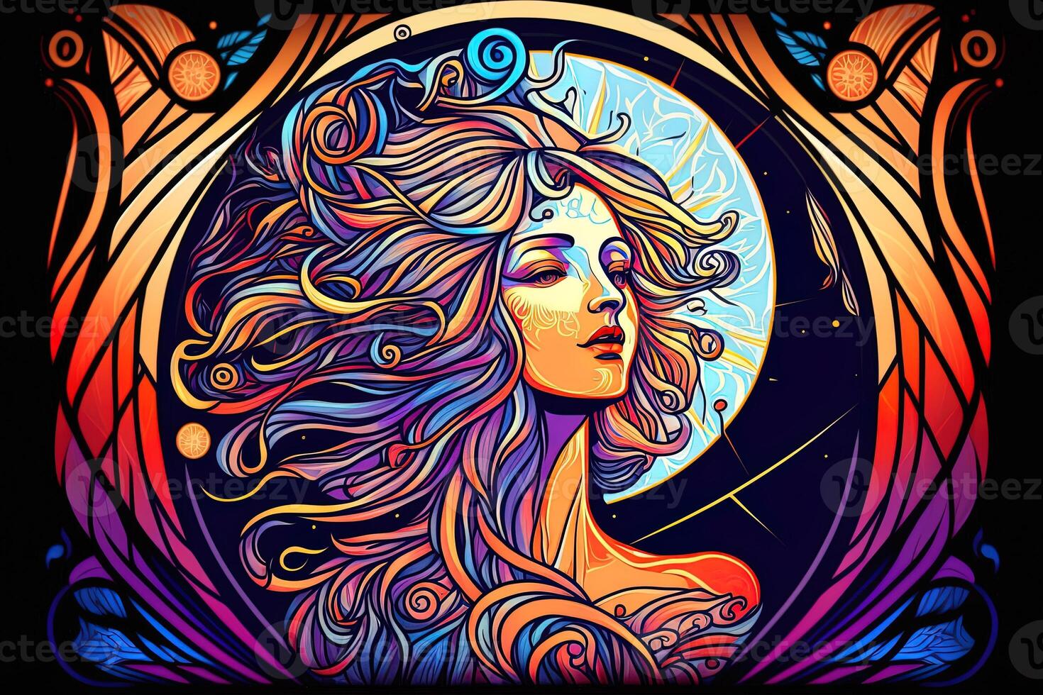 Happy abstract astral shape, moon and sun, art nouveau, expressionism. Mucha and tarot card inspired, strong color. photo