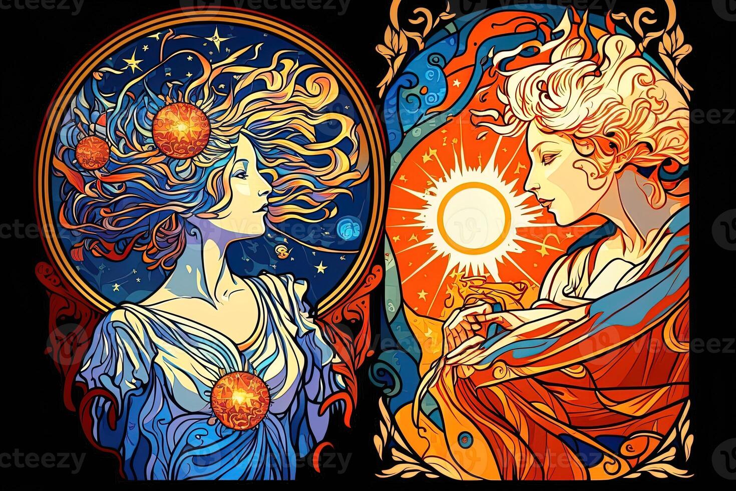 Happy abstract astral shape, moon and sun, art nouveau, expressionism. Mucha and tarot card inspired, strong color. photo