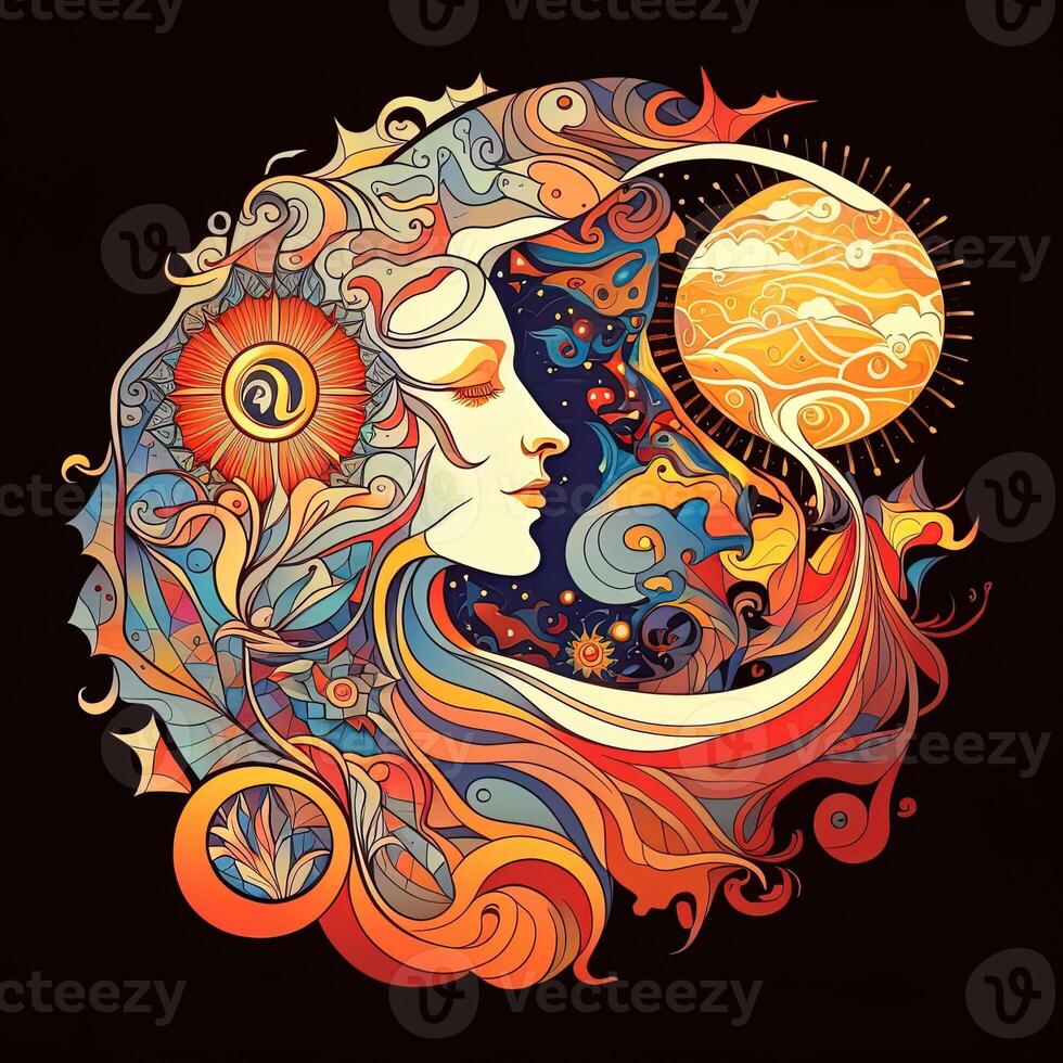 Happy abstract astral shape, moon and sun, art nouveau, expressionism. Mucha and tarot card inspired, strong color. photo