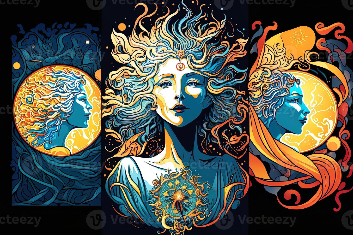 contento resumen astral forma, Luna y sol, Arte nuevo, expresionismo. mucho y tarot tarjeta inspirado, fuerte color. generativo ai foto