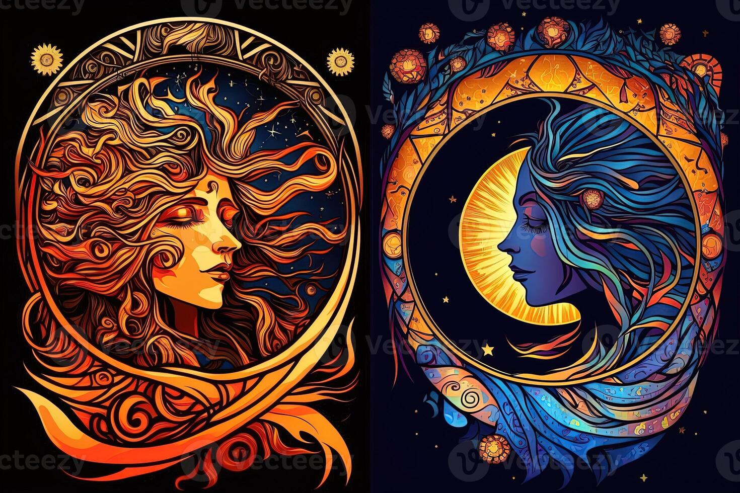 Happy abstract astral shape, moon and sun, art nouveau, expressionism. Mucha and tarot card inspired, strong color. photo