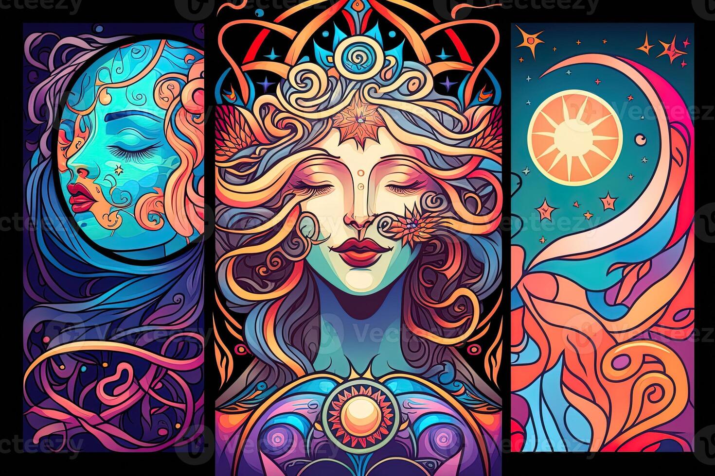 Happy abstract astral shape, moon and sun, art nouveau, expressionism. Mucha and tarot card inspired, strong color. photo