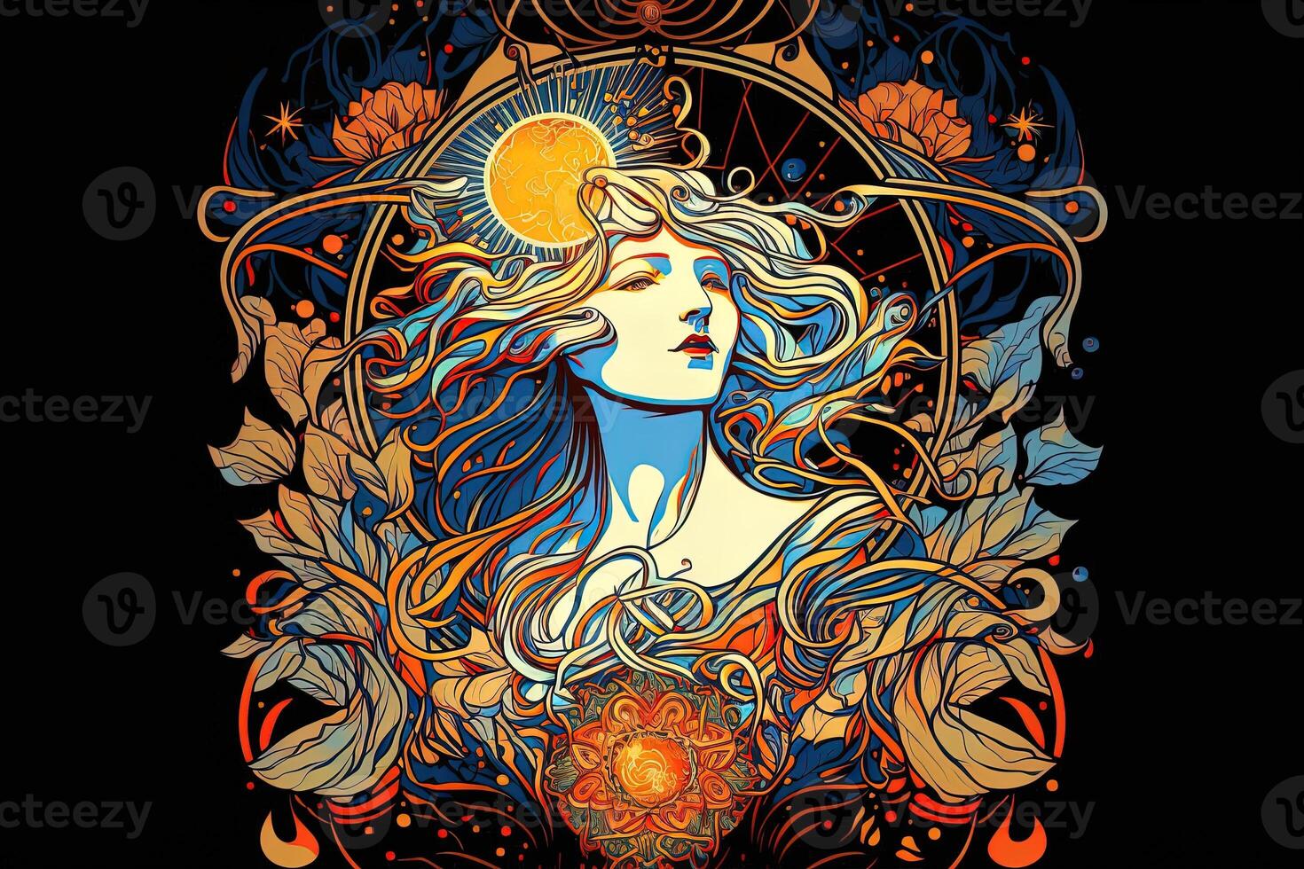 Happy abstract astral shape, moon and sun, art nouveau, expressionism. Mucha and tarot card inspired, strong color. photo