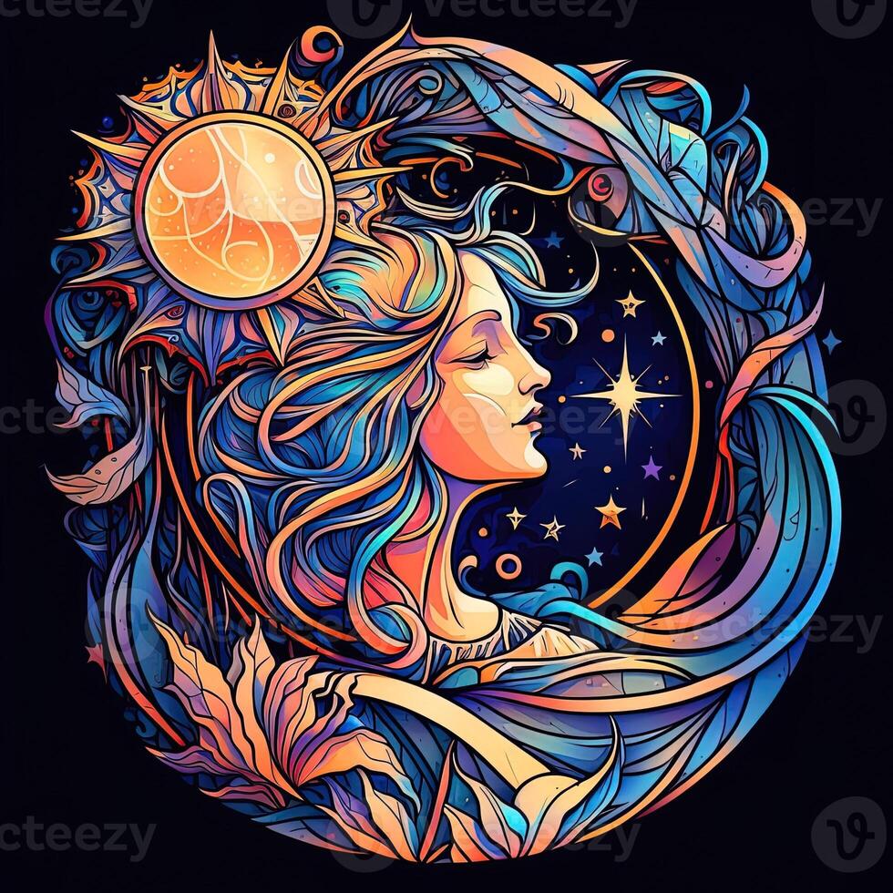 contento resumen astral forma, Luna y sol, Arte nuevo, expresionismo. mucho y tarot tarjeta inspirado, fuerte color. generativo ai foto