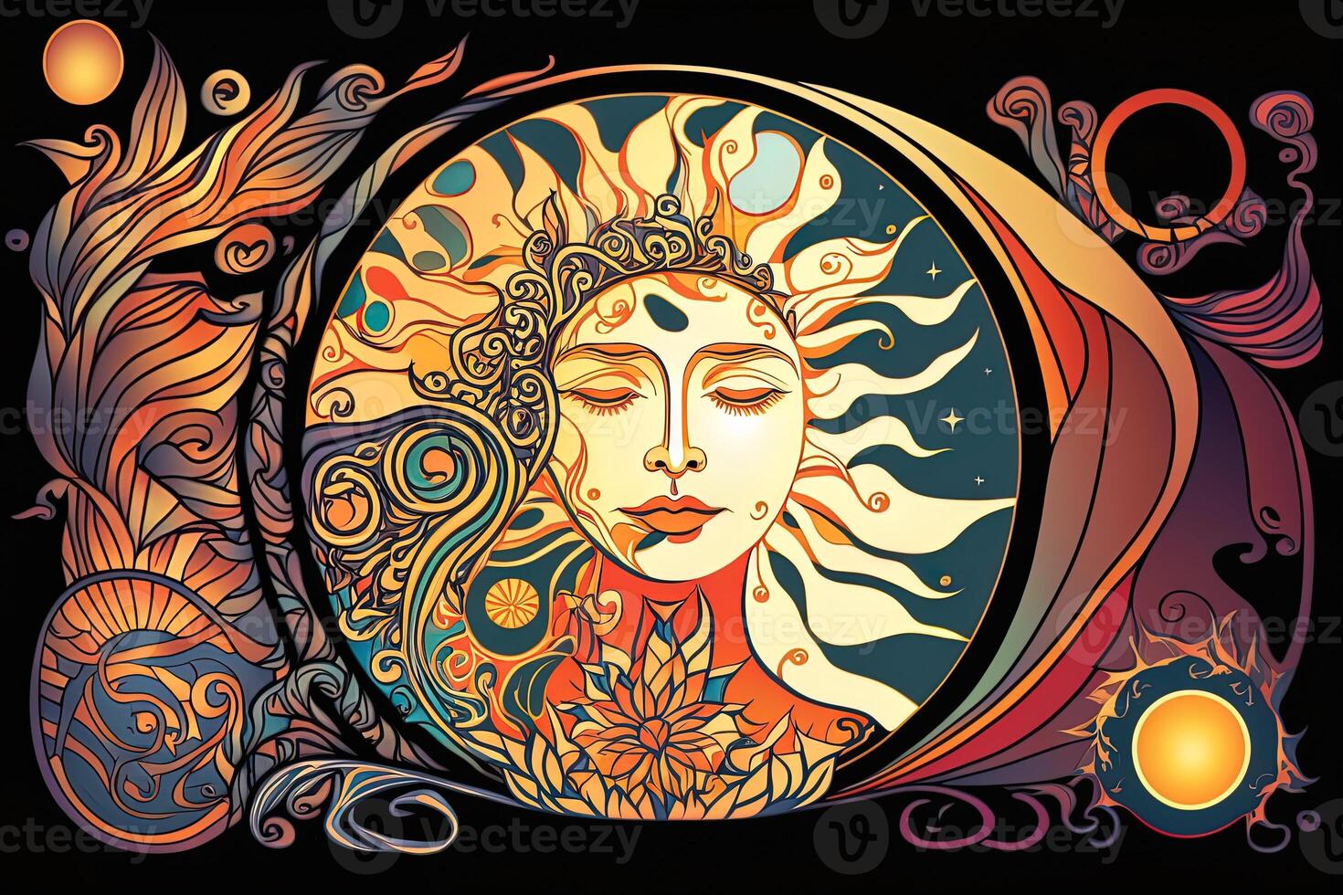 Happy abstract astral shape, moon and sun, art nouveau, expressionism. Mucha and tarot card inspired, strong color. photo