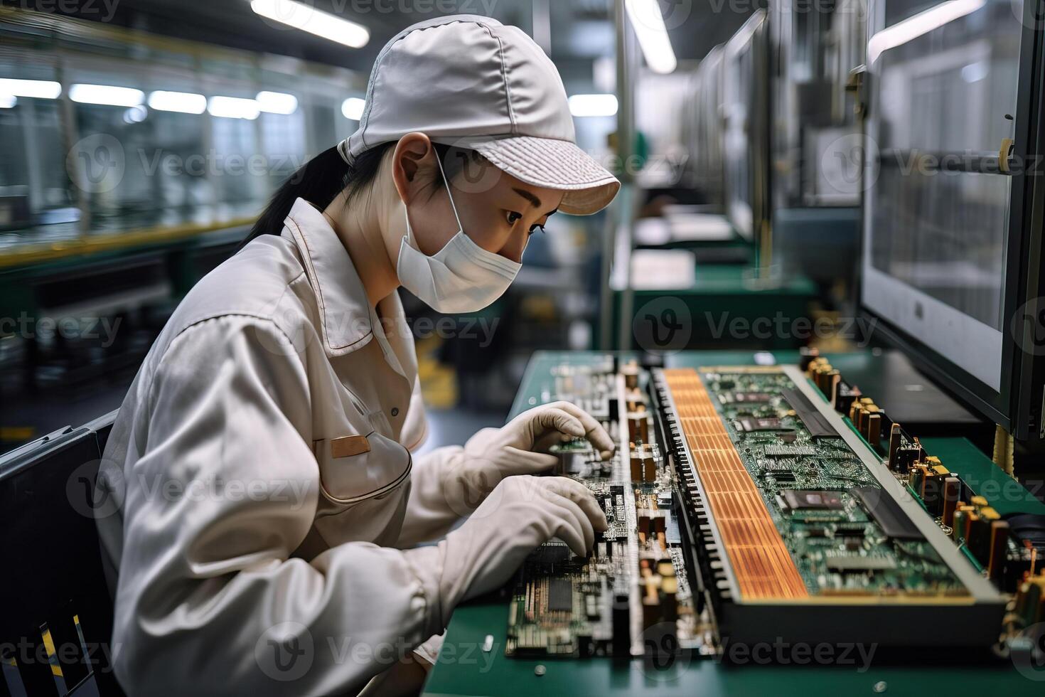 A Chinese worker sits behind a conveyor belt where motherboards, chips, and processors are manufactured, . photo