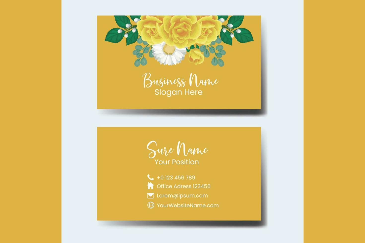 Business Card Template Yellow Rose Flower .Double-sided Blue Colors. Flat Design Vector Illustration. Stationery Design