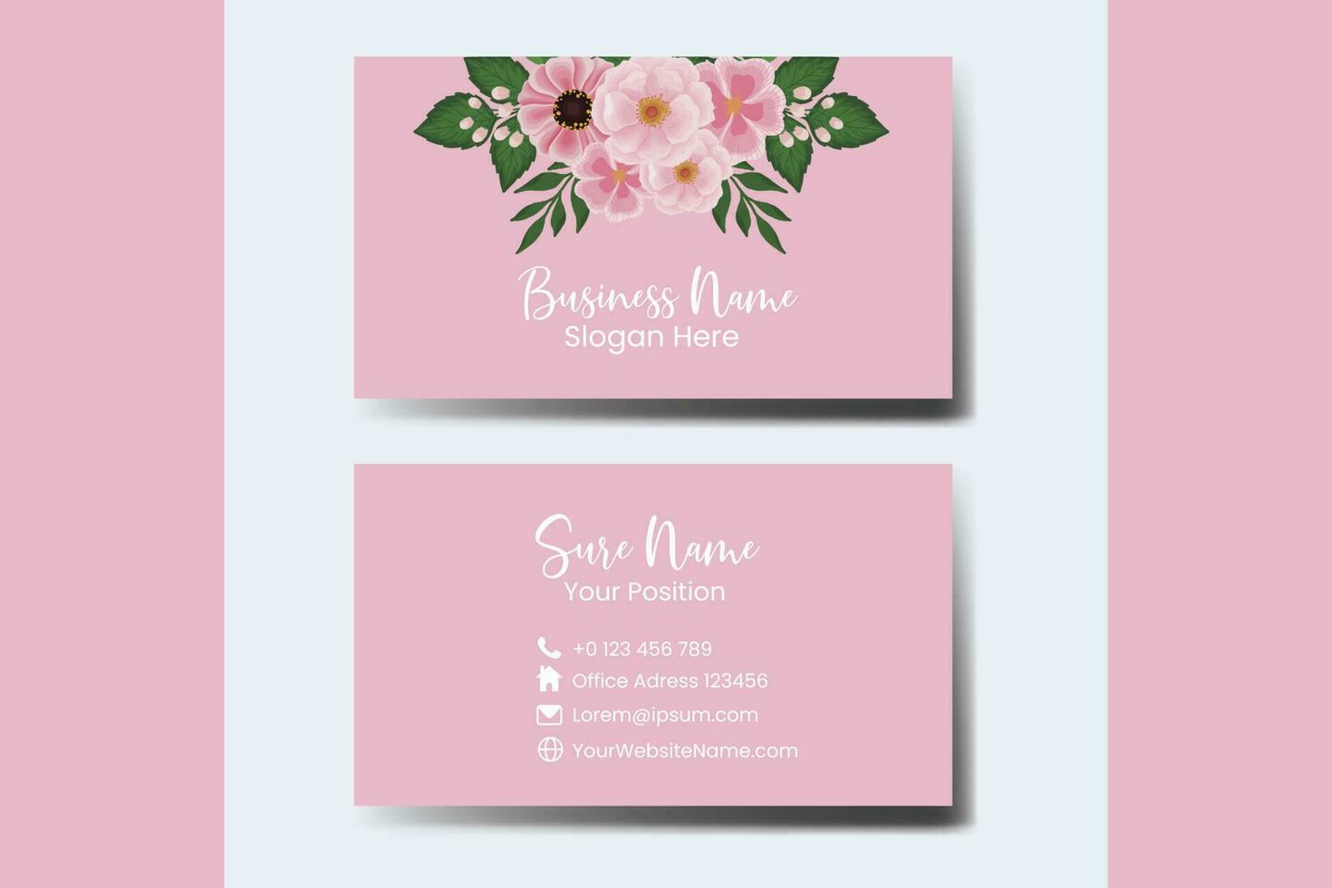 Business Card Template Pink Flower .Double-sided Blue Colors. Flat Design Vector Illustration. Stationery Design