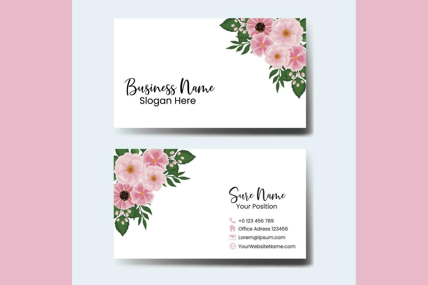 Business Card Template Pink Flower .Double-sided Blue Colors. Flat Design Vector Illustration. Stationery Design