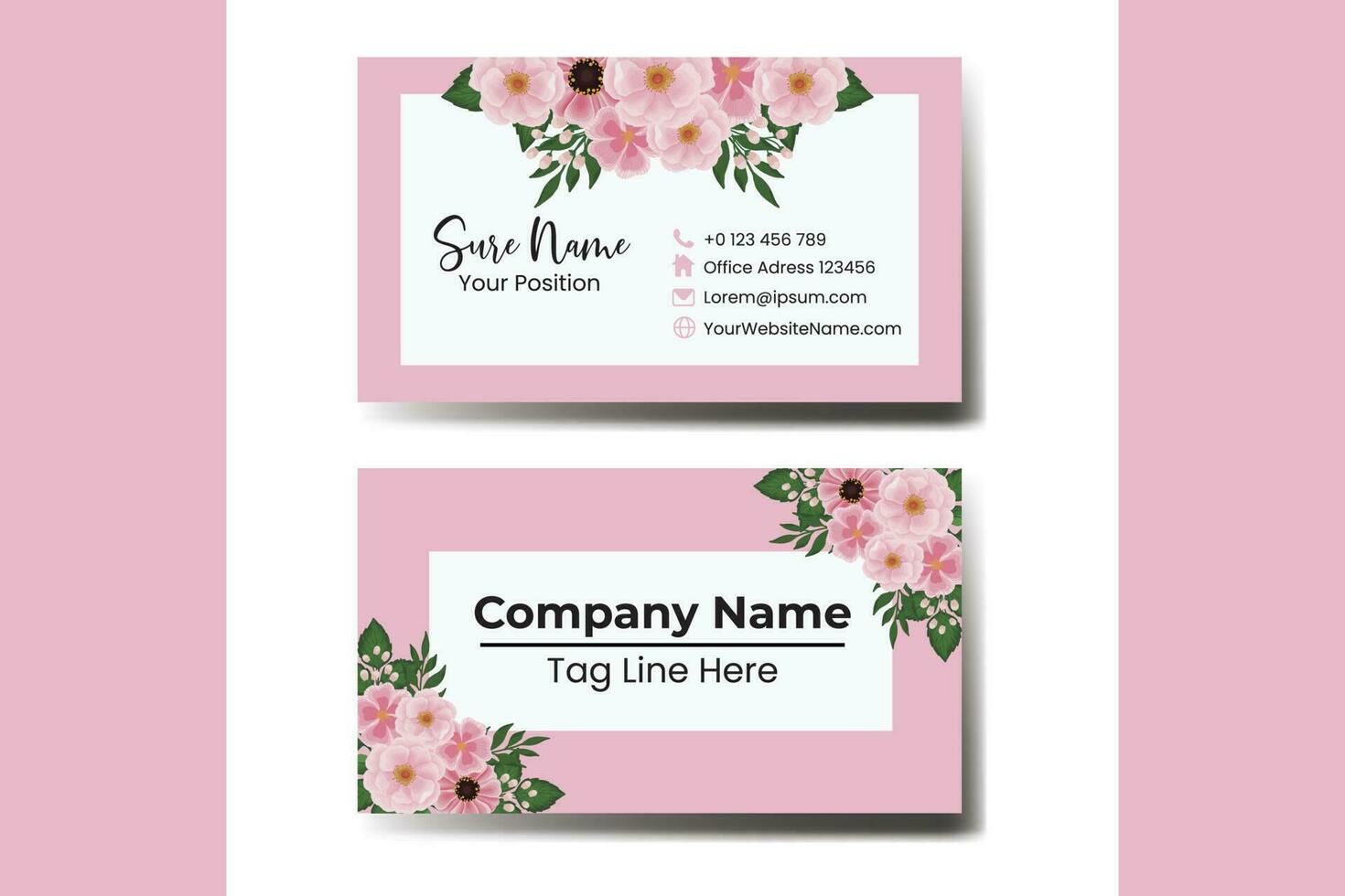 Business Card Template Pink Flower .Double-sided Blue Colors. Flat Design Vector Illustration. Stationery Design