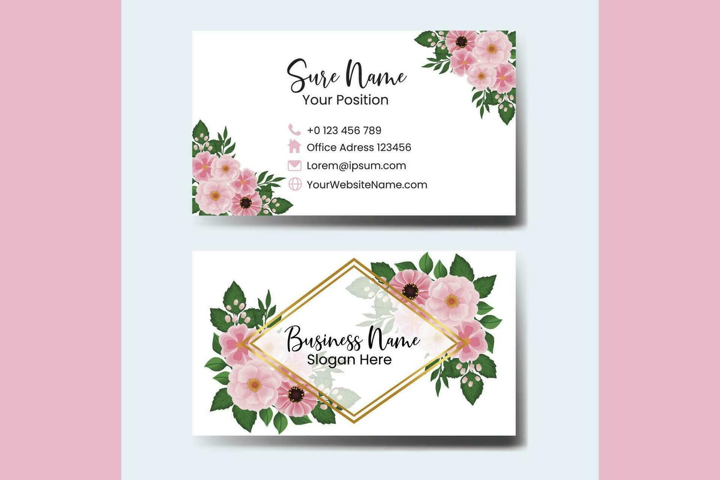 Business Card Template Pink Flower .Double-sided Blue Colors. Flat Design Vector Illustration. Stationery Design
