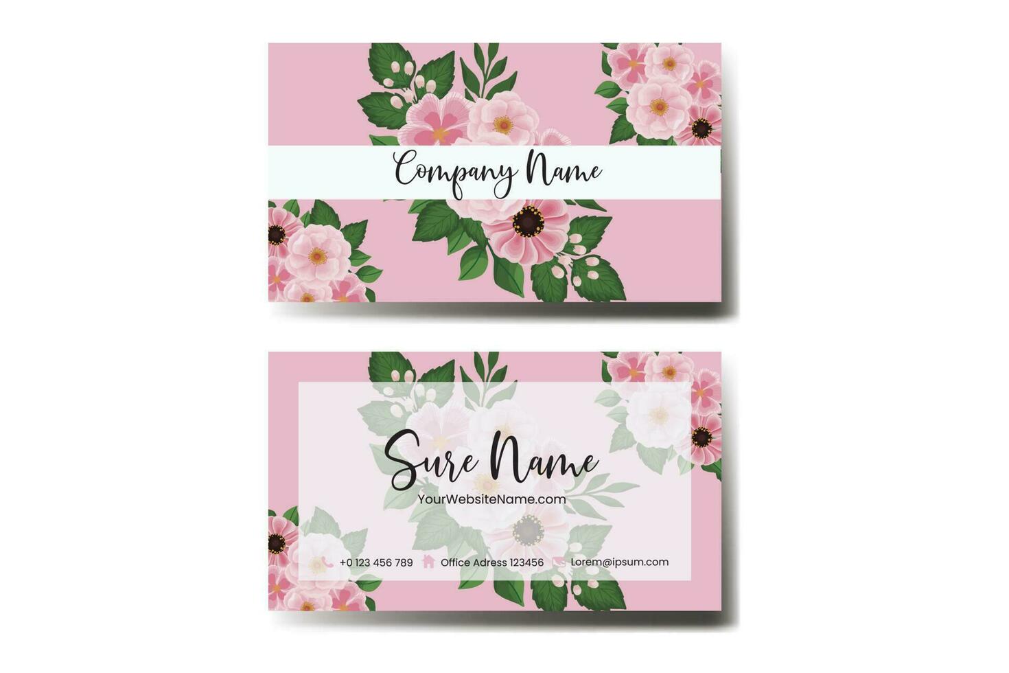 Business Card Template Pink Flower .Double-sided Blue Colors. Flat Design Vector Illustration. Stationery Design