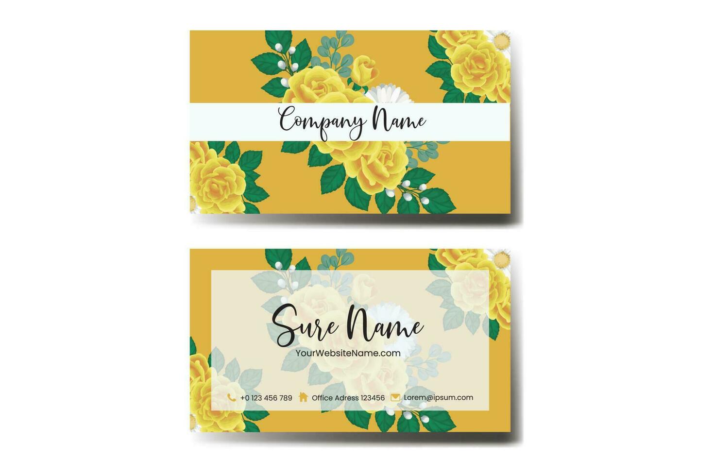Business Card Template Yellow Rose Flower .Double-sided Blue Colors. Flat Design Vector Illustration. Stationery Design