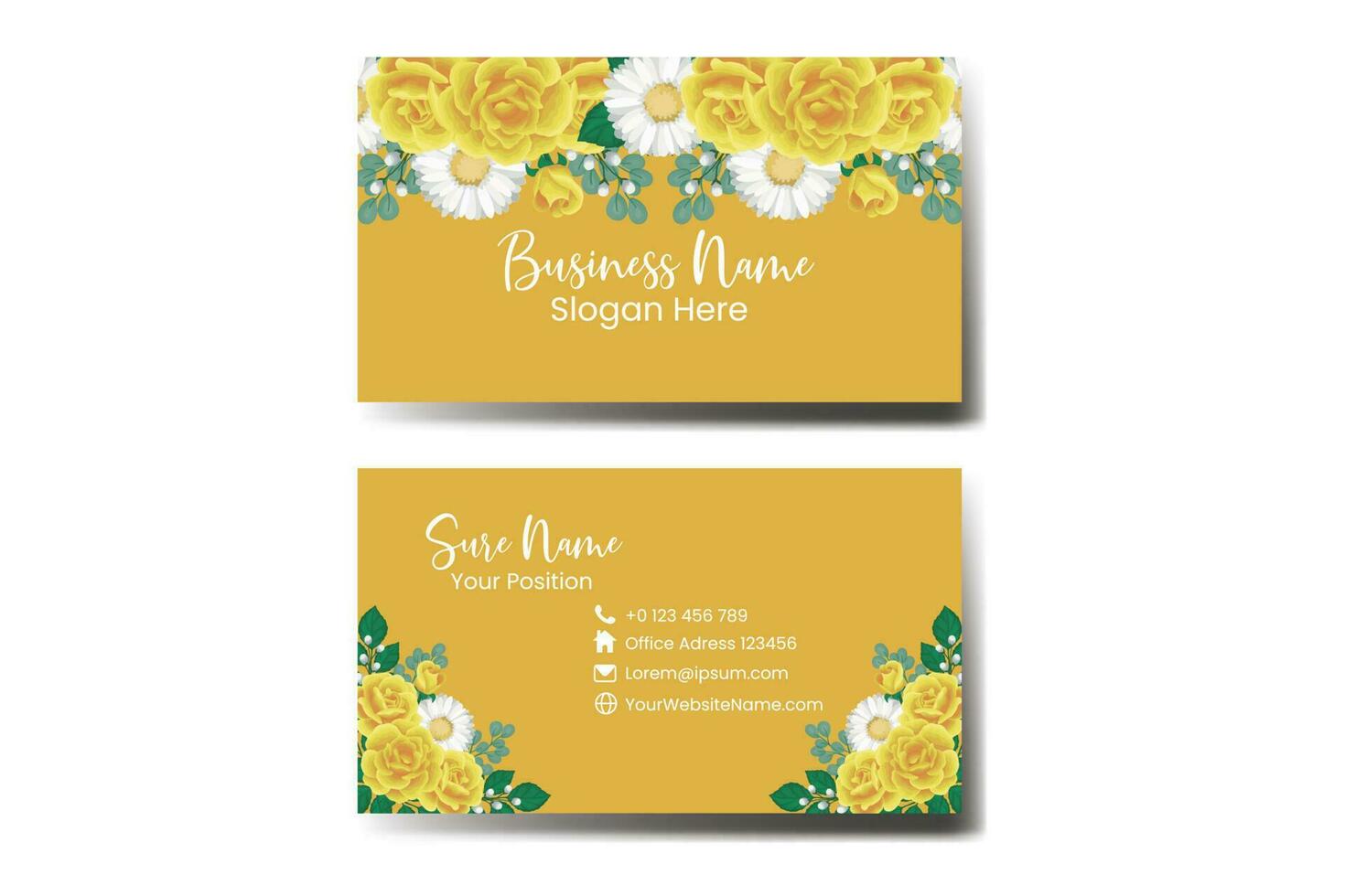 Business Card Template Yellow Rose Flower .Double-sided Blue Colors. Flat Design Vector Illustration. Stationery Design