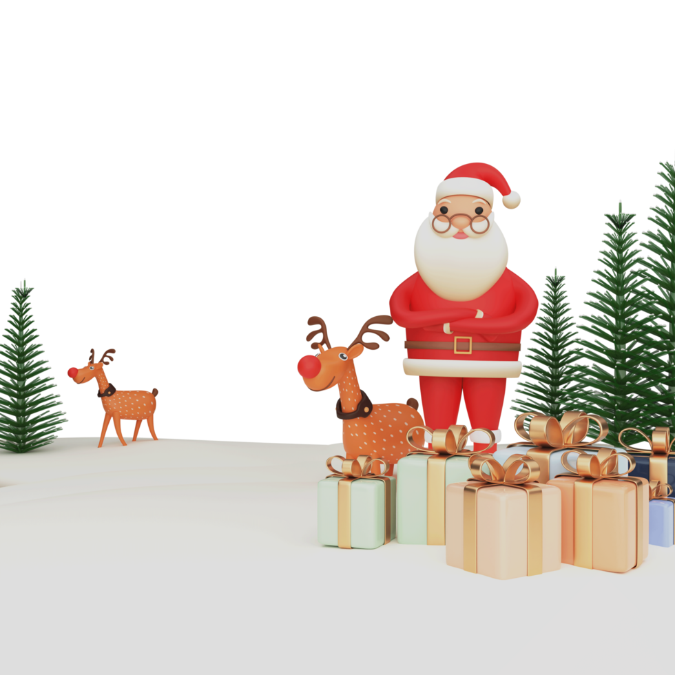 3d render do santa claus em pé com Rodolfo, presente caixas, natal ou abeto árvores em Nevado fundo. png