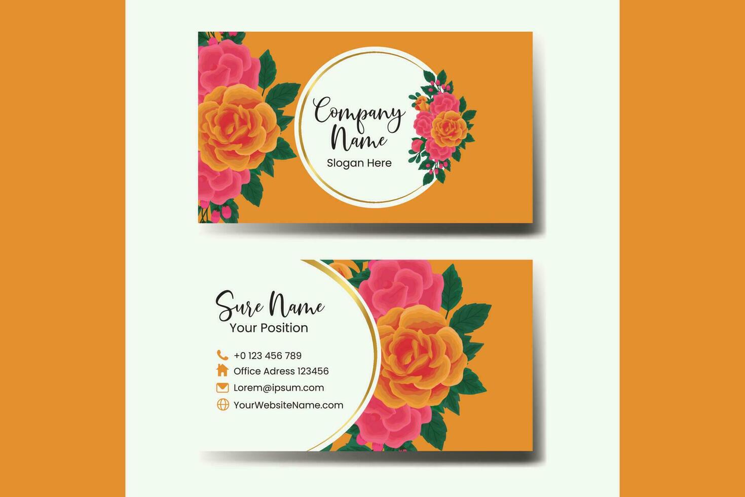 negocio tarjeta modelo naranja Rosa flor .doble cara azul colores. plano diseño vector ilustración. papelería diseño