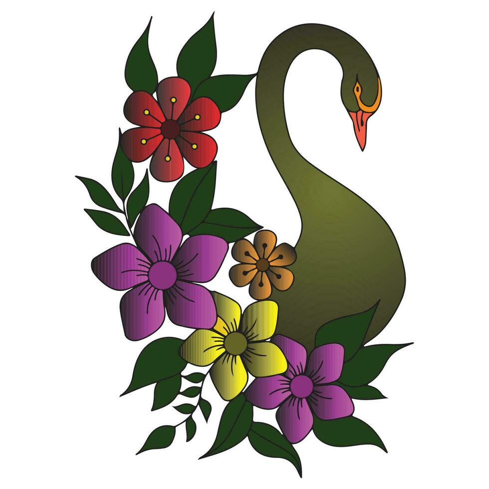 un cisne con flores en negro antecedentes vector