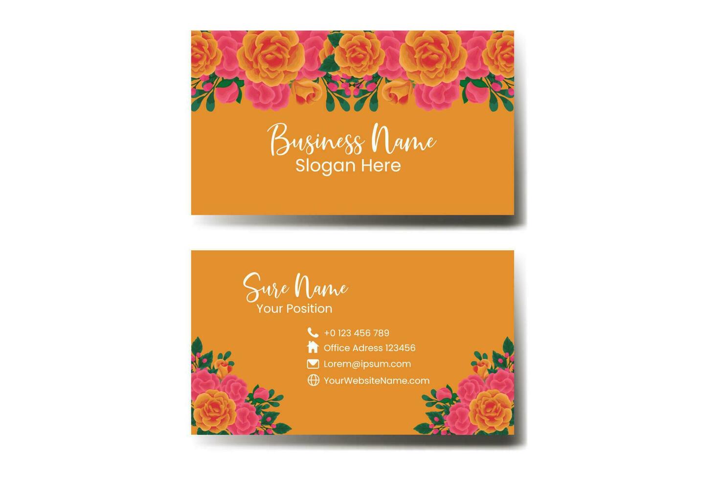 Business Card Template Orange Rose Flower .Double-sided Blue Colors. Flat Design Vector Illustration. Stationery Design