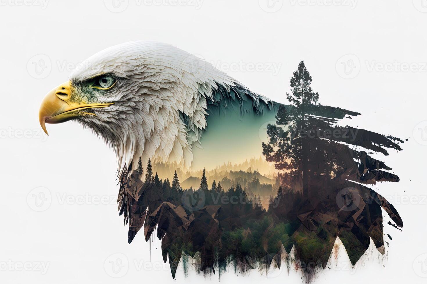 Bald eagle and the Pacific Northwest, double exposure photography. . Leader, courage, strong and brave, majestic lion. Scout photo