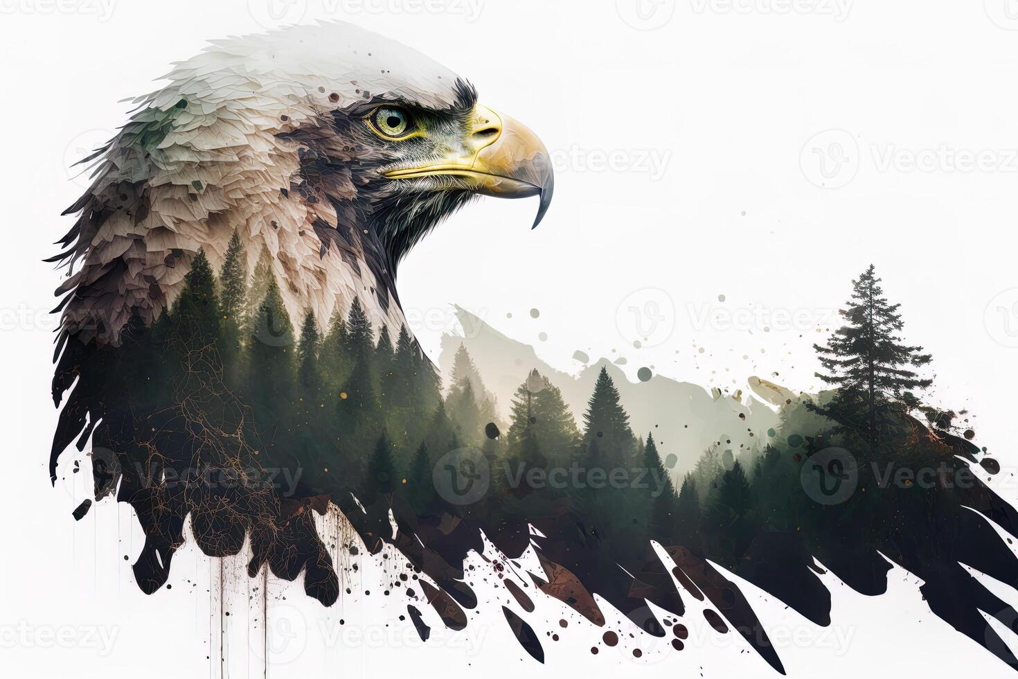 Bald eagle and the Pacific Northwest, double exposure photography. . Leader, courage, strong and brave, majestic lion. Scout photo