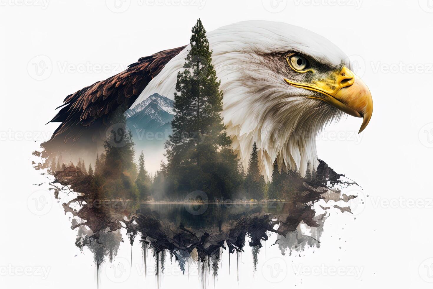 Bald eagle and the Pacific Northwest, double exposure photography. . Leader, courage, strong and brave, majestic lion. Scout photo