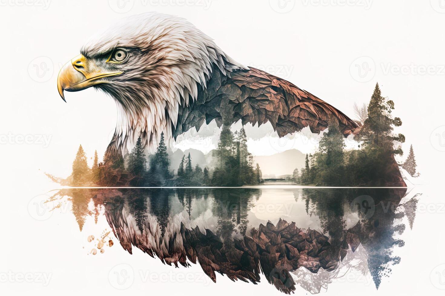 Bald eagle and the Pacific Northwest, double exposure photography. . Leader, courage, strong and brave, majestic lion. Scout photo