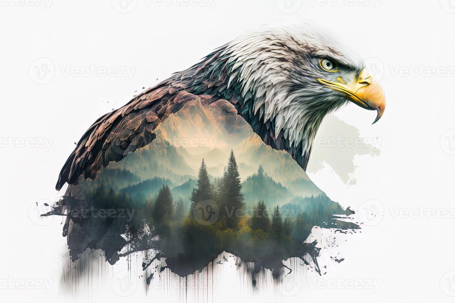 Bald eagle and the Pacific Northwest, double exposure photography. . Leader, courage, strong and brave, majestic lion. Scout photo