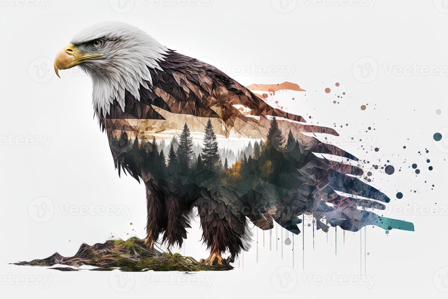 Bald eagle and the Pacific Northwest, double exposure photography. . Leader, courage, strong and brave, majestic lion. Scout photo