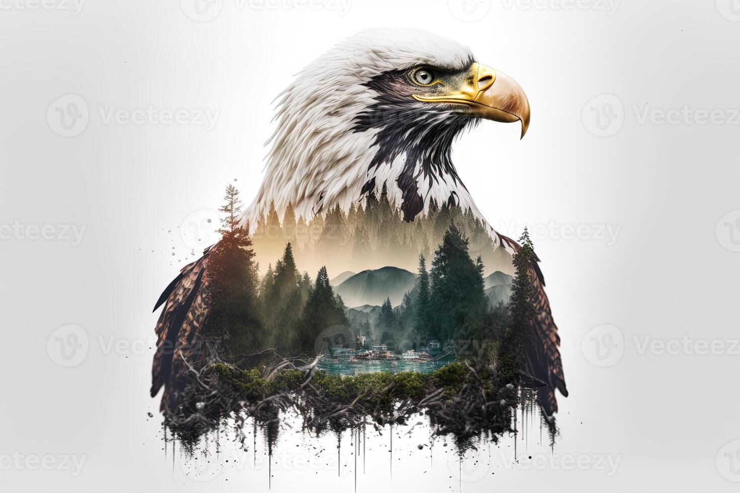 Bald eagle and the Pacific Northwest, double exposure photography. . Leader, courage, strong and brave, majestic lion. Scout photo